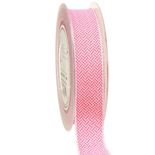Product Gift Ribbon Herringbone Pattern Ribbon White Pink 25mm 15m