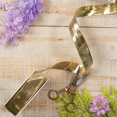 Product Gold gift ribbon with wire edge, 25mm wide, 25m long