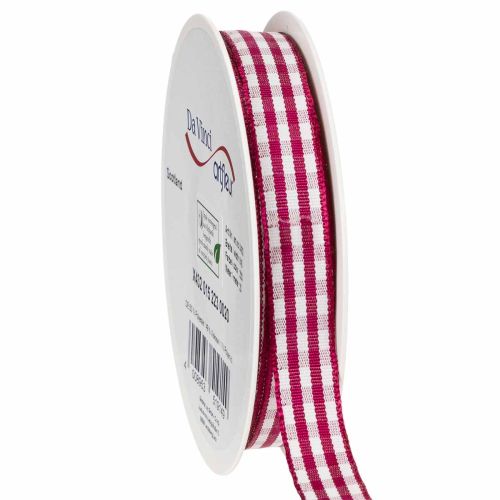 Viscose and Polyester Checked Ribbon in Red and White, 15 mm x 20 m for Gifts and Home Décor