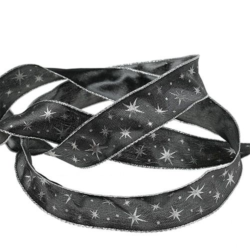 Product Gift ribbon with wire edge gray with stars 25mm 20m