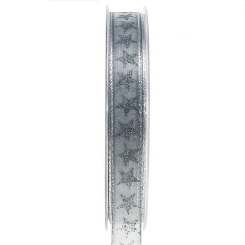 Floristik24 Gift ribbon with stars gray, silver 15mm 20m