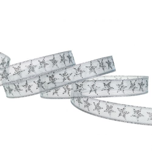 Product Gift ribbon with stars gray, silver 15mm 20m