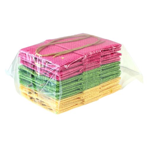 Product Gift bags with handles paper pink yellow green textile look 10.5cm 12pcs