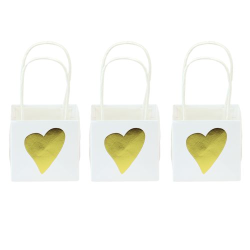 Gift Bags with Hearts and Handles White Gold 10.5cm 12 Pcs
