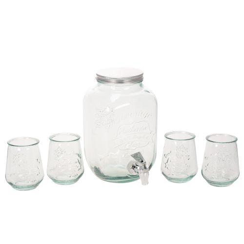 Glass Drinks Dispenser with Tap and 4 Glasses, 25.5cm