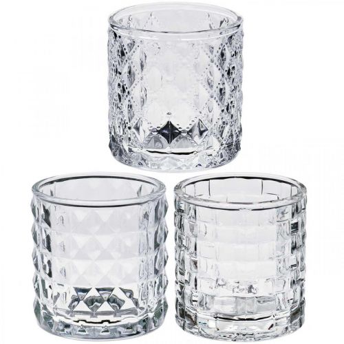 Floristik24 Glass lantern pattern mix, candle decoration, decorative glass vessel, table decoration 3 pieces in a set