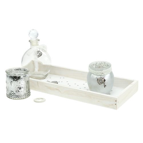 Floristik24 Glass set on wooden tray white, silver