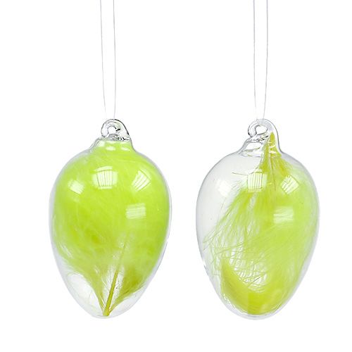 Floristik24 Glass Easter Egg with feathers for hanging 6,5cm light green 6pc