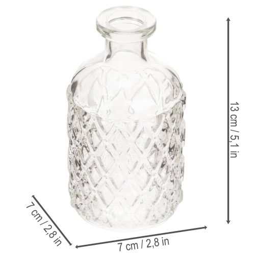 ProductName
Small Clear Glass Vase with Diamond Pattern – Set of 6, 13cm  

ProductDescription
<div>
  <h2>Small Clear Glass Vase with Diamond Pattern for Home Decor</h2>
  <p>
    This small glass vase features a beautiful diamond pattern that adds textu | Floristik24.co.uk