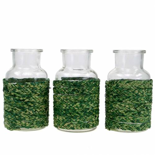 Floristik24 Glass bottle with raffia green H12.5cm 3pcs