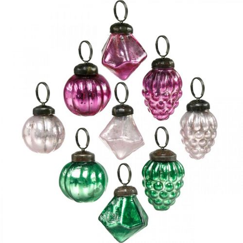 Floristik24 Glass ball mix, diamond/ball/cone made of real glass, antique look Ø3–3.5 cm H4.5–5.5 cm 9 pieces