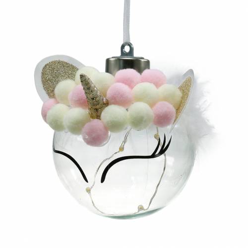 Floristik24 Christmas bauble unicorn with LED light chain candy colors, transparent glass, pompom Ø8cm For batteries