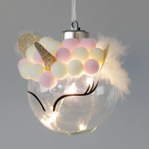 Product Christmas bauble unicorn with LED light chain candy colors, transparent glass, pompom Ø8cm For batteries