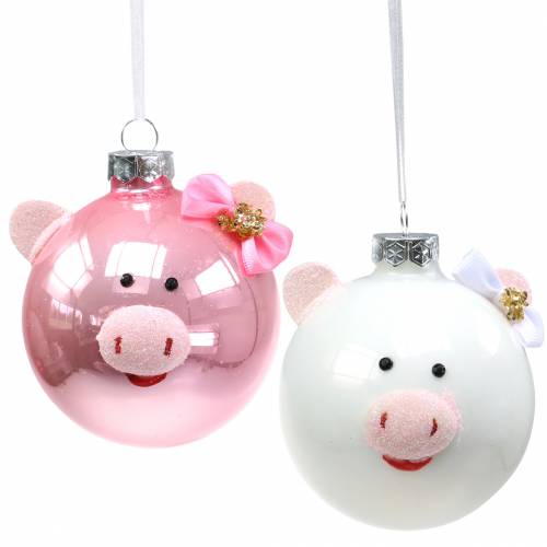 Floristik24 Christmas tree decoration glass ball pig pink/white Ø8cm 2pcs