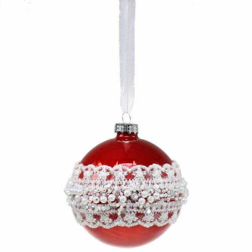 Floristik24 Glass ball red with lace and pearls 3pcs