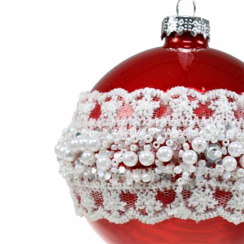 Product Glass ball red with lace and pearls 3pcs