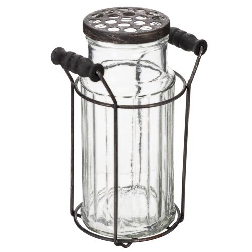 Glass bottle in a metal basket, ideal for decorative accents in the living room, 20cm