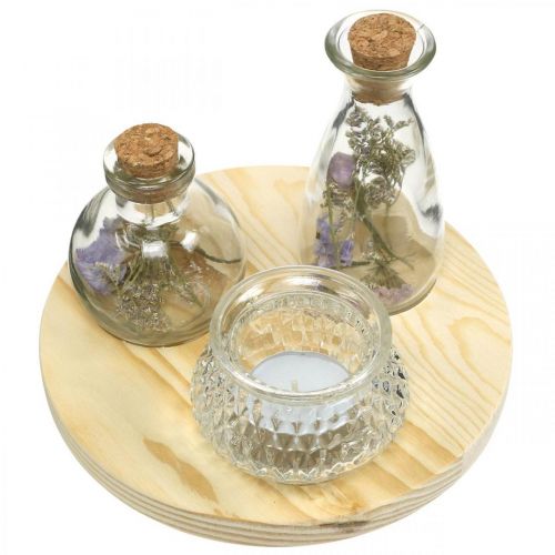 Floristik24 Vase set on wooden tray, table decoration with dried flowers, lantern natural, transparent Ø18cm