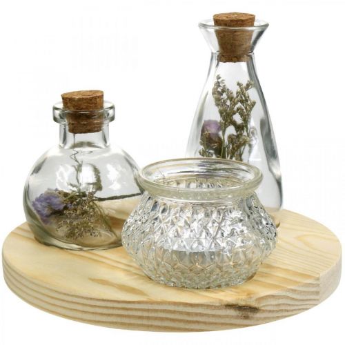 Floristik24 Vase set on wooden tray, table decoration with dried flowers, lantern natural, transparent Ø18cm