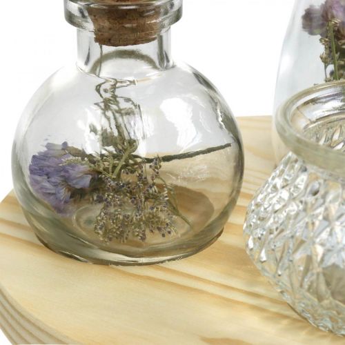 Product Vase set on wooden tray, table decoration with dried flowers, lantern natural, transparent Ø18cm