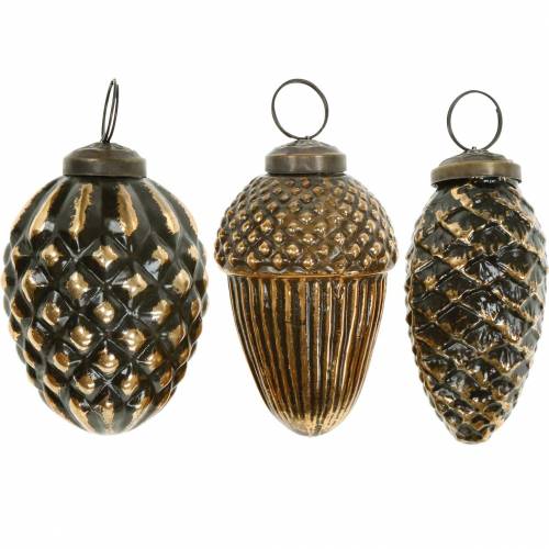 Floristik24 Acorns and cones to hang brown, golden glass 8.5cm 3pcs in a set