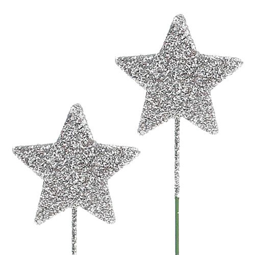 Floristik24 Glitter star silver 5cm on the wire L22cm 48pcs