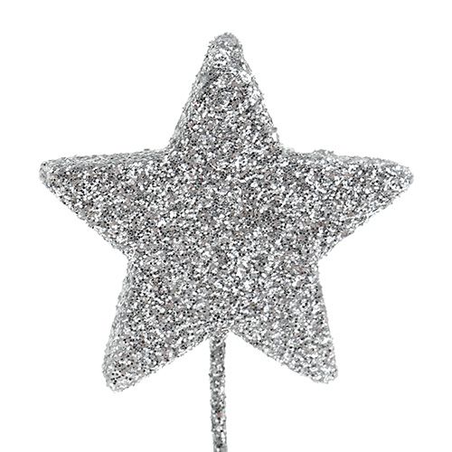 Floristik24 Glitter star silver 5cm on the wire L22cm 48pcs