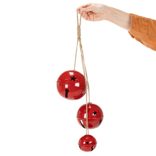Set of 3 Red Metal Bells with Jute String – 14/12/8cm | Floristik24.co.uk