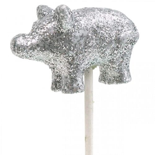 Product Lucky pig New Year&#39;s Eve lucky charm on a stick silver 3cm 6pcs