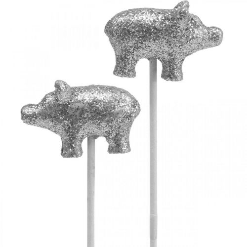 Floristik24 Lucky pig New Year&#39;s Eve lucky charm on a stick silver 3cm 6pcs