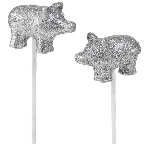 Lucky pig New Year&#39;s Eve lucky charm on a stick silver 3cm 6pcs