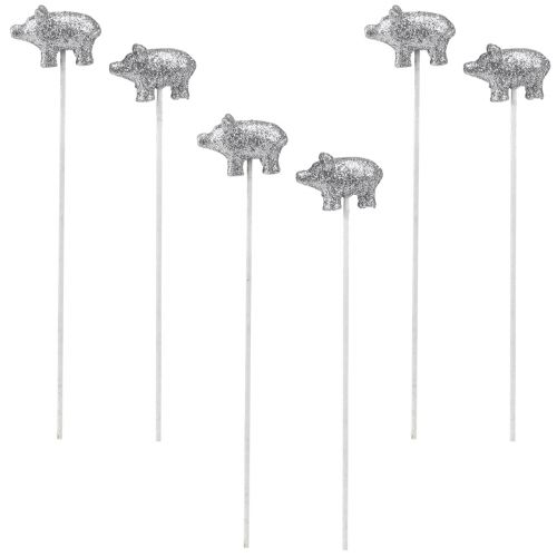 Product Lucky pig New Year&#39;s Eve lucky charm on a stick silver 3cm 6pcs