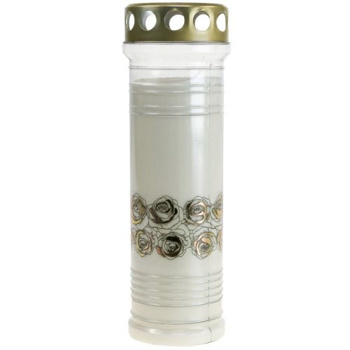 Product Grave candle white roses gold mourning light Ø7cm 23.5cm 100h 2pcs