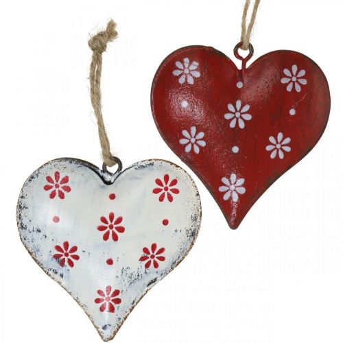 Metal heart for hanging, gift tag, Valentine&#39;s Day, vintage look red, white H6cm 6pcs