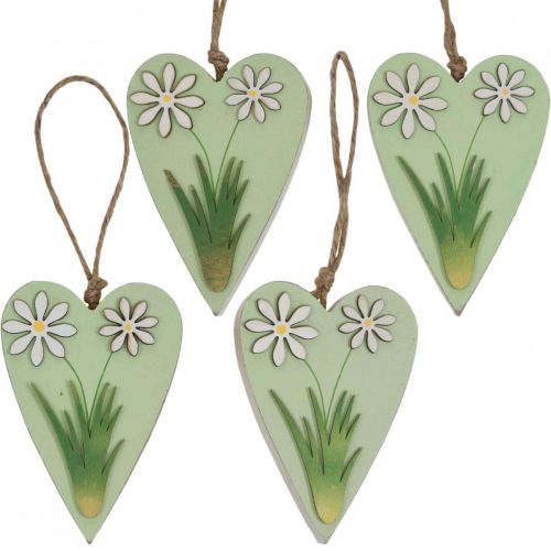 Product Decorative hearts to hang with flowers wood green, white 8.5×12cm 4pcs