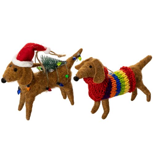 Dachshund Christmas Tree Ornaments Set, Felt, 16cm, Brown and Multicolored, Indoor Use Only