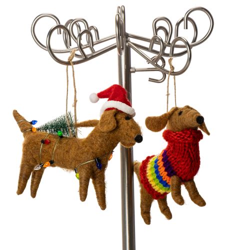 Dachshund Christmas Tree Ornaments Set, Felt, 16cm, Brown and Multicolored, Indoor Use Only | Floristik24.co.uk