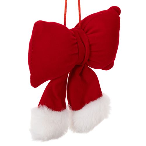 Red Flannel Hanging Bow with Plush Trim, 15cm