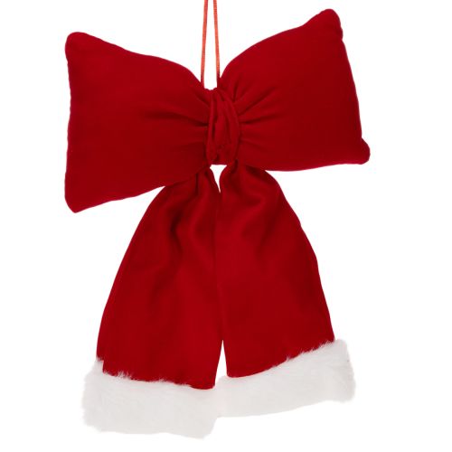 Red Flannel Hanging Bow with White Plush Trim, 25cm | Floristik24.co.uk
