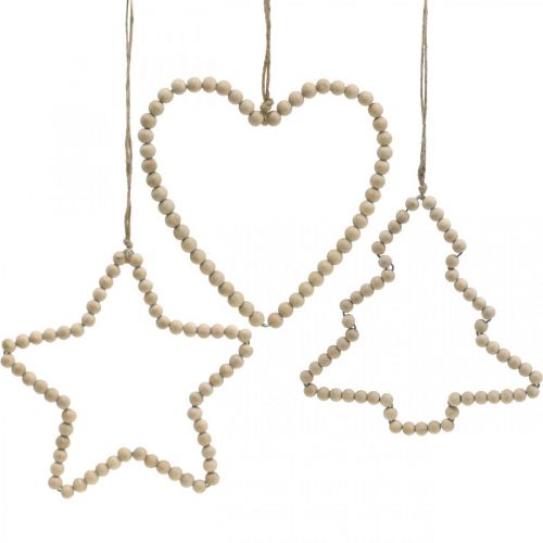 Decoration Christmas wooden beads heart star tree H16cm 3 pcs