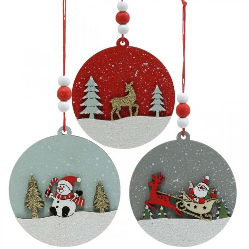 Product Christmas pendant round wooden decoration to hang up Ø8.5cm 6pcs