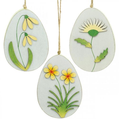 Eggs to hang, wooden Easter eggs, flower motif, dandelion snowdrop Winterling H14cm 3pcs