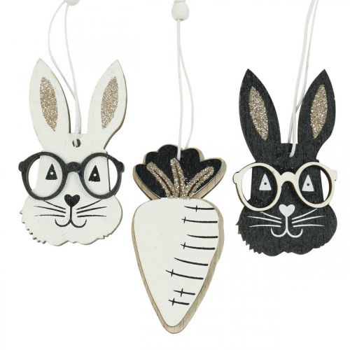 Product Wooden pendant rabbit with glasses carrot glitter 4×7.5cm 9pcs