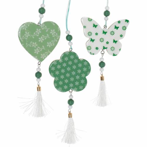 Hanging Decoration Heart Flower Butterfly White, Green Wood Spring Decoration 6 Pcs