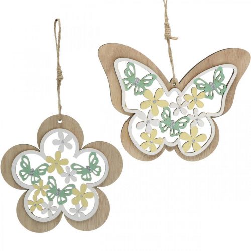 Product Butterfly to hang, wooden pendant flower, spring decoration with glitter H11/14.5cm 4pcs