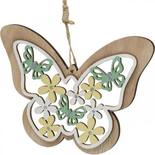 Product Butterfly to hang, wooden pendant flower, spring decoration with glitter H11/14.5cm 4pcs