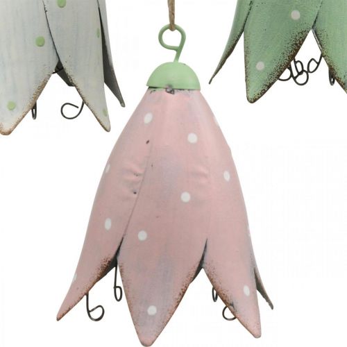 Floristik24 Metal blossoms, bluebells to hang, spring decoration, metal pendant H10.5cm white, pink, green set of 3