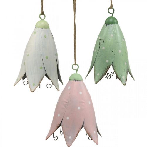 Metal blossoms, bluebells to hang, spring decoration, metal pendant H10.5cm white, pink, green set of 3
