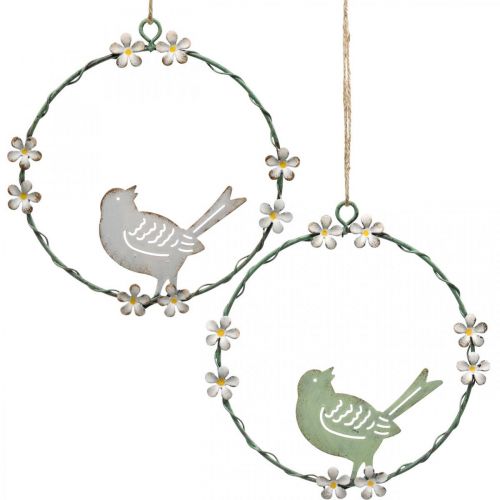 Floristik24 Wreath with bird, metal decoration for hanging, spring white / green Ø14.5cm set of 2