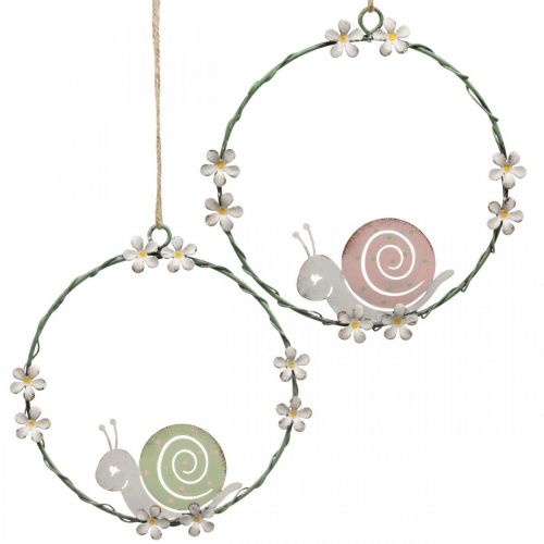 Decorative ring with snail, spring decoration, metal decoration green / pink Ø14.5cm set of 2